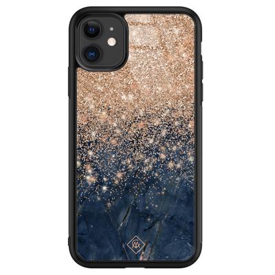 iPhone 11 glazen hardcase - Marmer blauw rosegoud