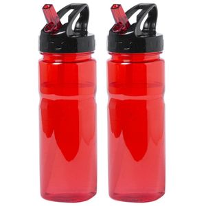 Kunststof waterfles/drinkfles/sportfles - 2x - rood - met drinktuit - 650 ml