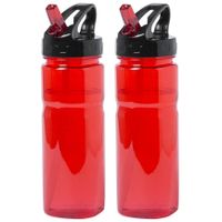 Kunststof waterfles/drinkfles/sportfles - 2x - rood - met drinktuit - 650 ml - thumbnail