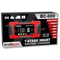 Kraftmax BC-600 10 A auto-acculader 12 V/24 V, 7-traps volautomatische smart-oplader met LCD-display, voor AGM, nat, gel, loodzuur en LifePO4 batterijen/accu's