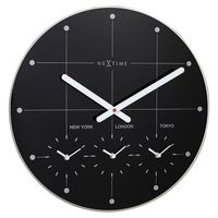 NeXtime NE-8197ZW Wereldtijden Klok - Stille Wandklok - 43cm - Zwart - Glazen Klok - - "Big City"