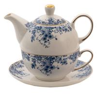 Clayre & Eef Tea for One 400 ml Blauw Porselein Bloemen Theepot set - thumbnail