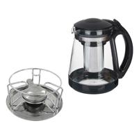 Theepot met filter/infuser inclusief warmhoudplaatje - 1800 ml - glas/chroom