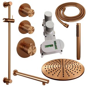 Regendoucheset Inbouw Brauer Copper Carving Thermostatisch 30cm met Wandarm, Glijstang en Handdouche Staaf Losse Stopkranen Geborsteld Koper