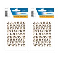 2x Stickervelletjes met 61x stuks plak letters alfabet A tot Z goud/folie 8 mm