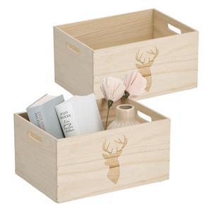 Opberg box/kist - 2x - naturel - hout - gestempeld hertenmotief - 35 x 25 x 18 cm