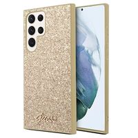 Guess Glitter Flakes Metal Logo Samsung Galaxy S23 Ultra 5G Hybride Hoesje - Goud