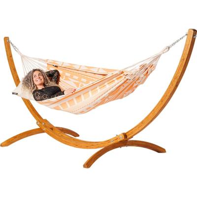 Eenpersoons hangmat met houten standaard - 300x140cm - OranjeRoze - 120kg draagkracht- 100% katoen - binnen & buiten
