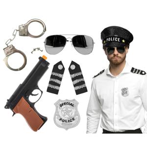 Carnaval verkleed set - politiepet zwart - handboeien/epauletten/badge/zonnebril/pistool