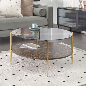 Kave Home Salontafel Kamilah Glas, marmerlook en gouden frame, Ø84cm - Donkergrijs - Rond