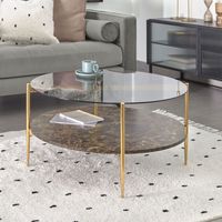 Kave Home Salontafel Kamilah Glas, marmerlook en gouden frame, Ø84cm - Donkergrijs - Rond - thumbnail