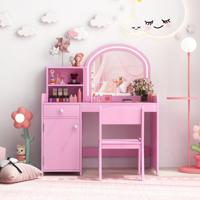 Kaptafel en Stoelenset voor Kinderen Make-Upspeelset met Planken Houten Kaptafelset met Tweekleurige Led-Verlichting Roze - thumbnail