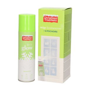 Sneeuwspray/spuitsneeuw glow in the dark met raamsjablonen 8 stuks   -