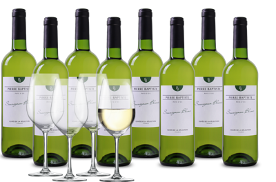 Wijnpakket Pierre Baptiste Sauvignon Blanc 8 flessen + 4 glazen
