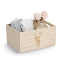 Opberg box/kist - naturel - hout - gestempeld hertenmotief - 35 x 25 x 18 cm - thumbnail