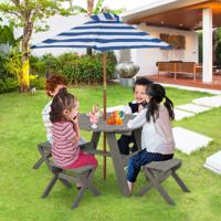 Achthoekige Houten Placemat Picknicktafel voor Kinderen met 4 Stoelen en in Hoogte Verstelbare Parasol Houten Zitgroep - thumbnail