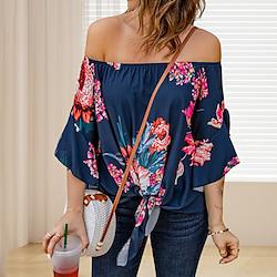 Dames Overhemd Blouse Chiffon Bloemig Gestreept Veters Afdrukken Dagelijks Vakantie Casual Halve mouw Schouderafhangend Blozend Roze Lente zomer Lightinthebox