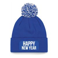 Happy New Year muts met pompon unisex - one size - blauw One size  - - thumbnail