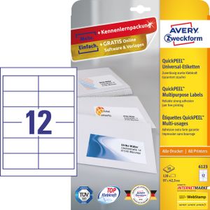 Avery-Zweckform 6123 Universele etiketten 97.3 x 42.3 mm Papier Wit 120 stuk(s) Permanent hechtend Inkjet, Laser (zwart/wit), Laser (kleur), Kopiëren