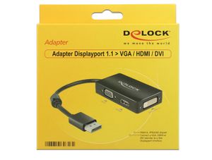 Delock 62656 DisplayPort / VGA / HDMI / DVI Adapter [1x DisplayPort stekker - 1x VGA-bus, HDMI-bus, DVI-bus 24+1-polig] Zwart Met Ferrietkern 16.00 cm