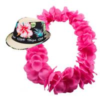 Hawaii thema party verkleedset - Trilby strohoedje - bloemenkrans knalroze - Tropical toppers - thumbnail