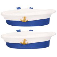 Carnaval verkleed Matroos/Matrozen hoedje - 2x - wit/blauw - voor volwassenen - Maritiem thema - thumbnail