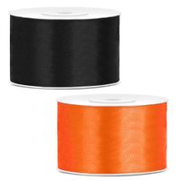 Sierlinten/cadeaulinten/satijnen linten - Set 2x stuks - zwart en oranje - 38 mm x 25 meter - thumbnail