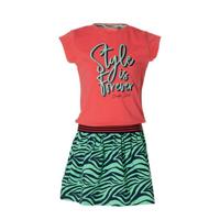 Quapi Girls jurk Wiese met printopdruk en ruches fuchsia/mintgroen/donkerblauw