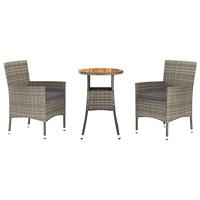 vidaXL 3-delige Bistroset met kussens poly rattan grijs, bistro set, bistro tafel, bistro stoel, bistrotafel, bistrostoel, buiten bistroset, buitenset