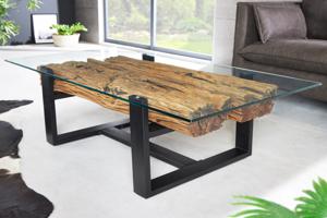 Design salontafel BARRACUDA 130cm gerecycled teak glasblad zwart RVS Industrieel - 43344