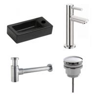 Fonteinset Rhea Zwart Rechthoek Rechts 36.5x18x9cm Toiletkraan Clickwaste Sifon Chroom