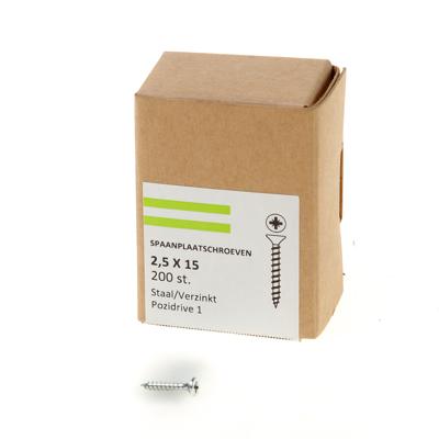 Spaanplaatschroef verzinkt platkop pozidrive-1 2.5X15 voldraad (200) Spaanplaatschroef verzinkt platkop pozidrive-1 2.5X15 voldraad (200)