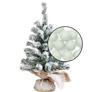 Kleine kunst kerstboom - besneeuwd - incl. lichtsnoer met balletjes lichtgroen- H45 cm