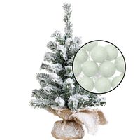 Kleine kunst kerstboom - besneeuwd - incl. lichtsnoer met balletjes lichtgroen- H45 cm