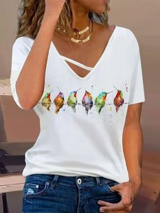 Bird Printed Casual Jersey V-neck T-Shirt