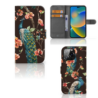 iPhone 14 Pro Max Telefoonhoesje met Pasjes Pauw met Bloemen