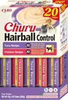 INABA Churu haarballensnack voor katten ter voorkoming van haarballen - smaken tonijn en kip, 20 sticks x 14 g - kattenvoer met omega 3 en 6, taurine en vitamine E tegen haarballen, functionele snack
