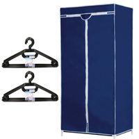 Set van mobiele opvouwbare kledingkast met blauwe hoes 160 cm en 20x plastic kledinghangers zwart