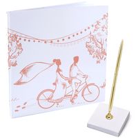 Gastenboek/receptieboek met luxe pen in houder - Bruiloft - goud/roze - 24 x 24 cm