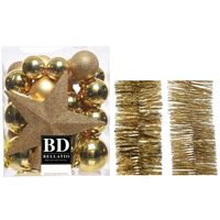 Kerstversiering kerstballen 5-6-8 cm met ster piek en folieslingers pakket goud van 35x stuks - thumbnail