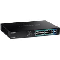 TRENDnet 18-poorts Gigabit PoE+-schakelaar, 16 x 30W PoE+-poorten, 2 Gigabit SFP-slots, 240W PoE-budget, 36Gbps schakelcapaciteit, 1U 19-inch rackmonteerbaar, levenslange bescherming, zwart, TPE-TG182