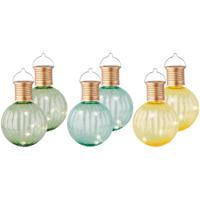 Set van 6x stuks buiten led lichtgroene, turquoise en gele lampion solar verlichting 11 cm