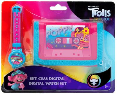 Trolls horloge & portemonnee meisjes 10 cm blauw/roze 2 delig Trolls horloge & portemonnee meisjes 10 cm blauw/roze 2 delig