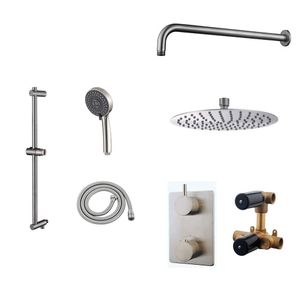 Mueller Ufo RVS thermostatische regendouche 20cm met wandarm en handdouche op glijstang