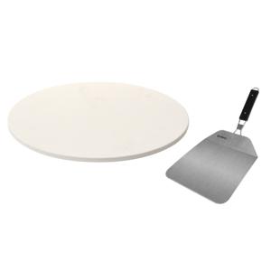 Pizzasteen rond keramiek 33 cm met handvaten incl. pizzasnijder en inklapbare RVS pizzaschep 25 cm