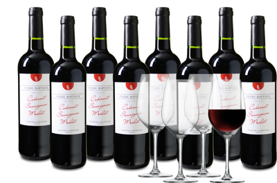 Wijnpakket Pierre Baptiste Cabernet Sauvignon - Merlot 8 flessen + 4 glazen