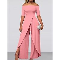 Dames Jumpsuit Afdrukken Effen Kleur Schouderafhangend Elegant Feest Schoolfeest BreedBeen Normale pasvorm Korte mouw Blozend Roze blauw S M L Zomer Lightinthebox