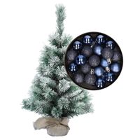 Besneeuwde mini kerstboom/kunst kerstboom 35 cm met kerstballen donkerblauw - thumbnail