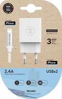 Oplader Tech One Tech 2.4 Dual USB + kabel gevlochten nylon micro USB Apple lengte 1 m wit