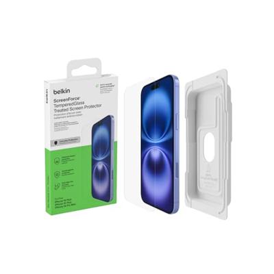 Belkin ScreenForce TemperedGlass antimicrobiële screenprotector voor iPhone 15 Plus, dun, kristalhelder, kraswerend, gehard glas met Easy Align-bevestigingsframe voor makkelijk luchtbelvrij aanbrengen